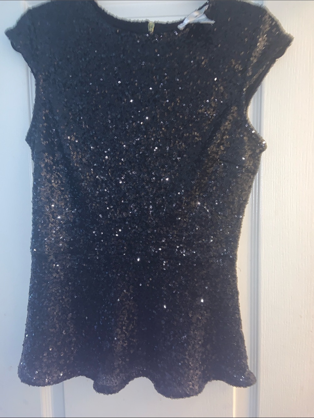 Black Sequin Cap-Sleeve Peplum Top - Women's Evening Blouse